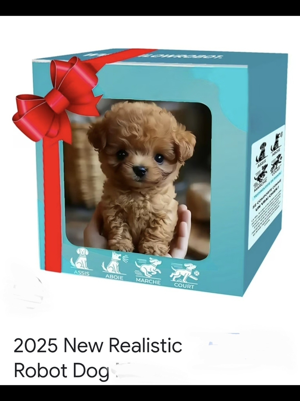 Realistic Toy Puppy in Teal Gift Box with Red Bow